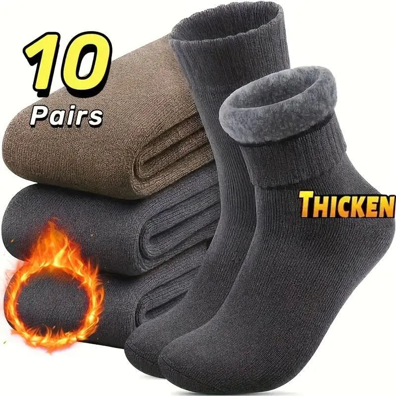 10 Pairs Men's Thermal Socks, Thick Fleece-Lined Crew Boot Socks with Stretchy Cuffs, Soft Cozy Winter Socks for Cold Weather, Work, Hiking, Outdoor Activities and Everyday Wear, Practical Gift for Him