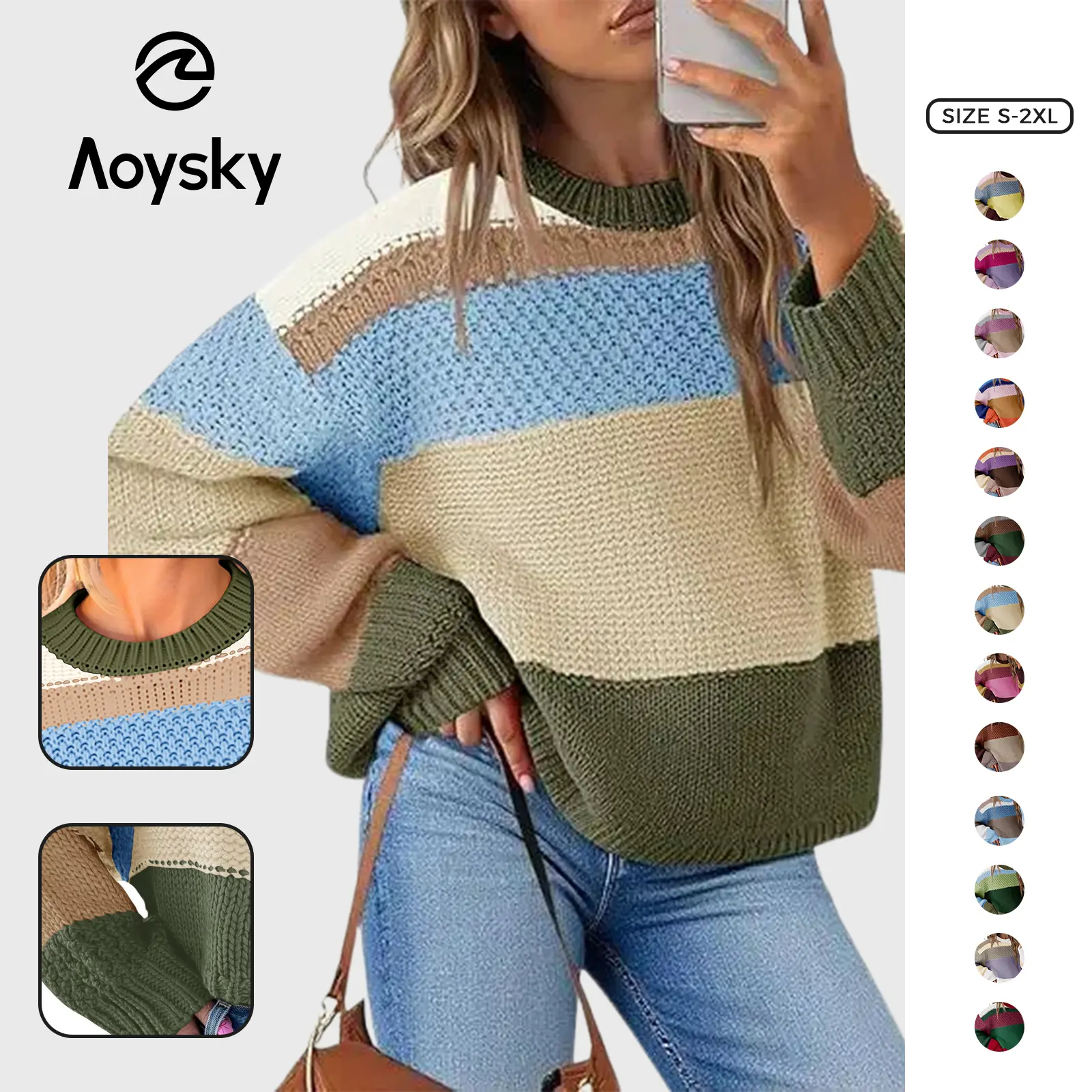 Aoysky Womens Color Block Cropped Sweaters 2025 Winter Trendy Casual Oversized Y2k Going Out Striped Pullover Tops
