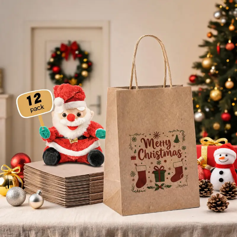 12-piece set of Christmas-themed gift bags with Christmas stocking and snowman patterns, featuring handles, suitable for holiday parties and family gatherings, size 15X8X 21cm