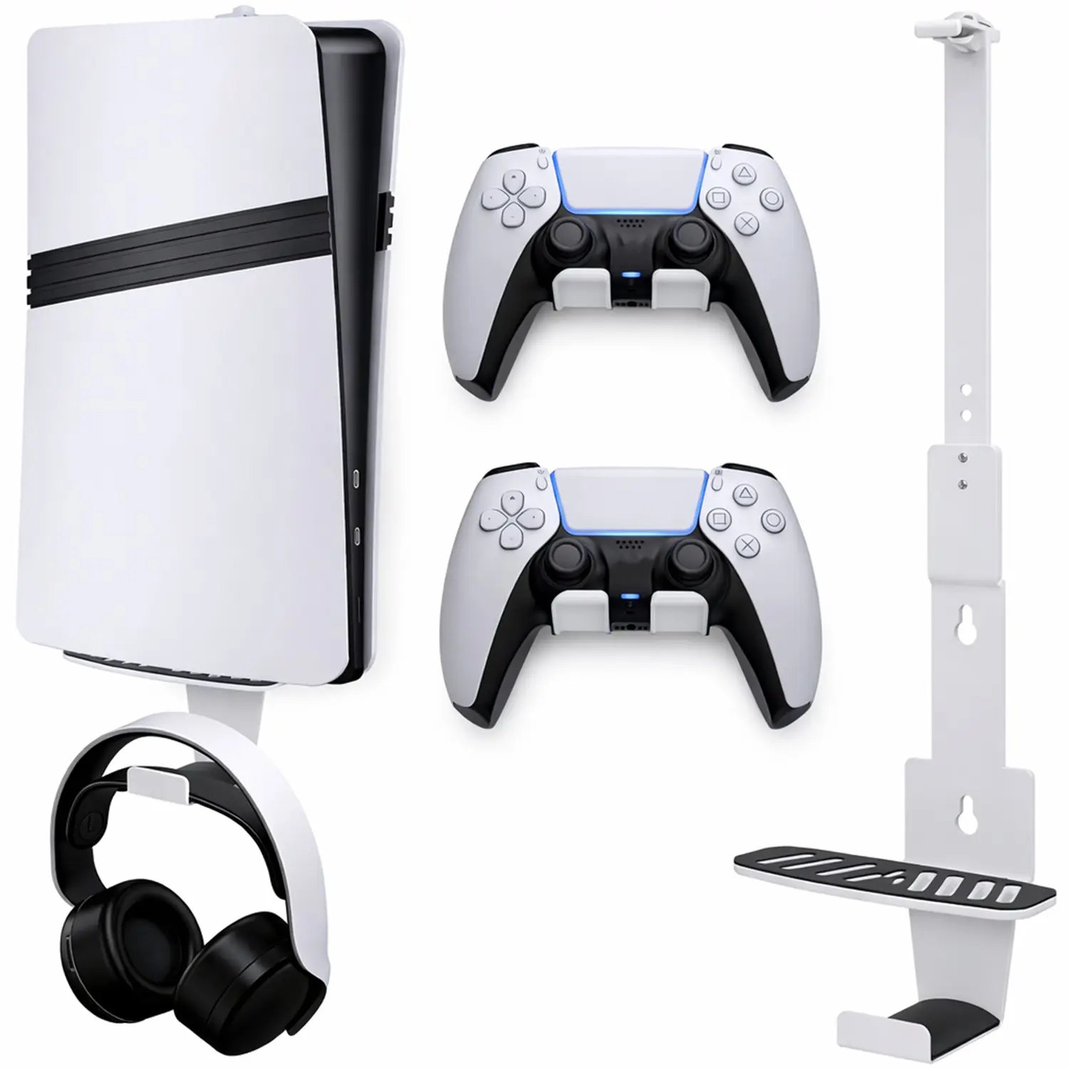 PS5 Wall Mount Kit with 2 Controller Holders and Headset Stand, Space-Saving Console Wall Rack, Gaming Accessories Compatible with PS5, PS5 Slim and PS5 Pro Disc and Digital Editions