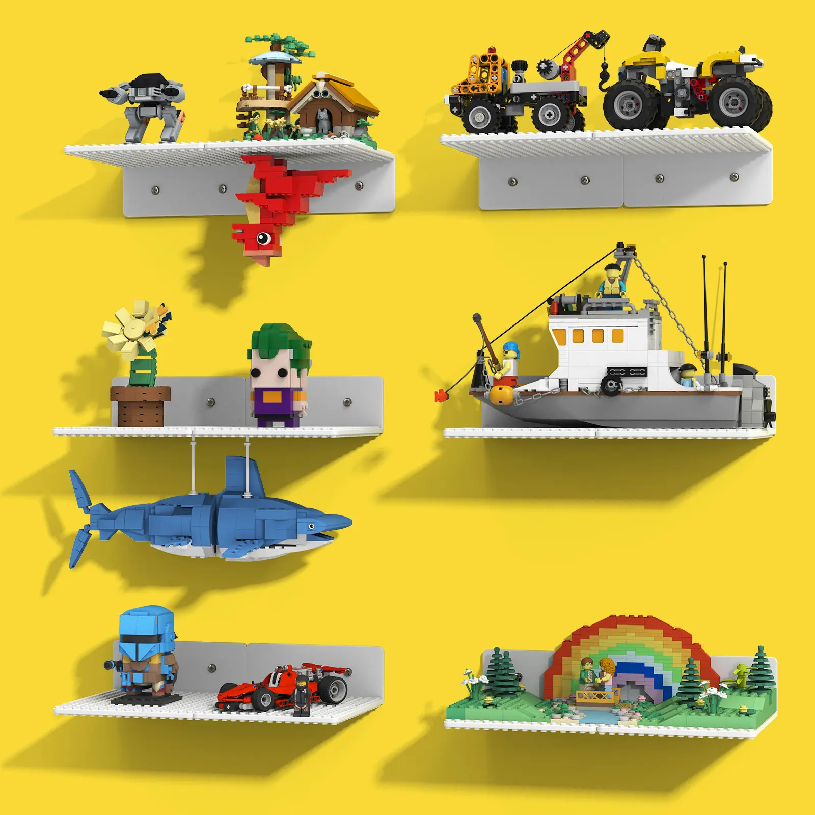 BlissBox 12-Pack Floating Shelves for Wall Compatible with Lego Building Bricks, 5x5.5inch Dual‑Sided 16x17 Studs for Minifigures Toy Brick Storage and Display, ABS Display Shelves for Room Decor, White