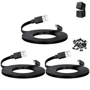 20 ft  for  Cam Pan v3 Camera, Long  USB Flat Power Cord, 90  3-Pack, Black