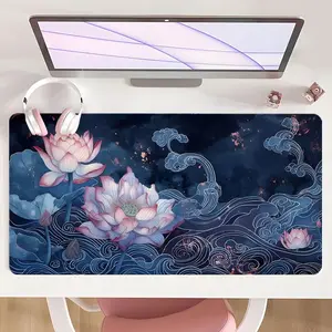 [Mouse Desk Pad] Non-Slip Mouse Pad Large Gaming Mouse Pad With Rubber Base & Stitched Edge Lotus Cloud Water Dark Blue Purple Design Desk Top Protector Mat For Home Office Use Perfect Gift For Spring Autumn Season
