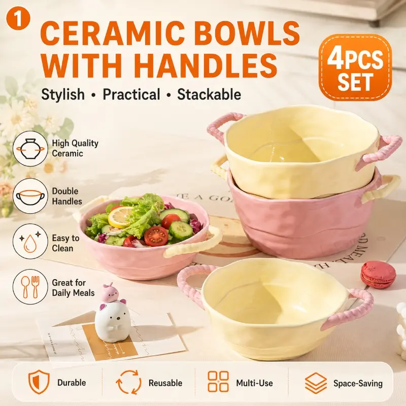 1PC Ceramic Bowl with Handles, Stackable Soup Bowl, Reusable Double Handle Serving Bowl for Salad Serving Bowls, Ramen Noodle Bowl, Cereal, Snacks, Dessert and Daily Kitchen Meals