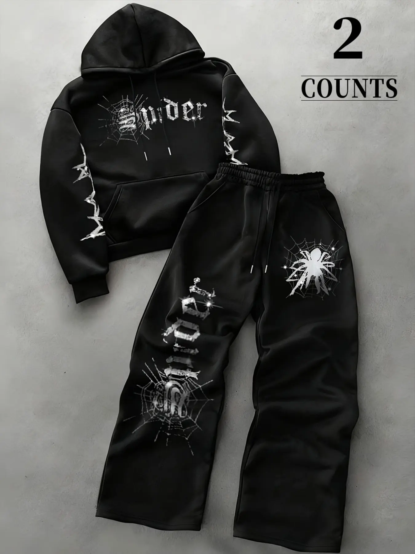 Gothic Spider Letter Print Hoodie And Sweatpants Matching Set, Long Sleeve Pullover Hooded Top With Elastic Waist Wide Leg Pants, Dark Y2K Streetwear Loose Fit Two Piece Outfit For Men Spring Autumn Casual Wear Clothes