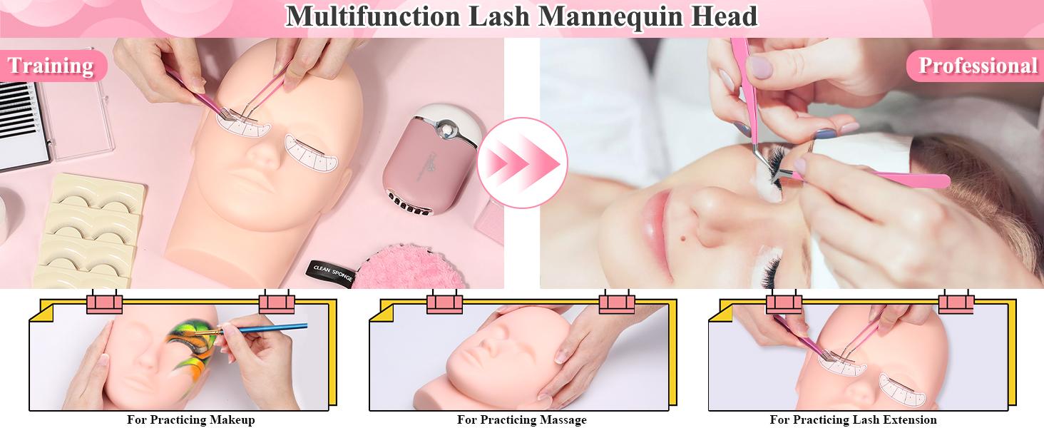 Lashes Kit for Eyelash Extension Beginner Lash Tech Starter Kit with Eye Lash Mannequin Head, Professional Eyelash Extension Kit with Lash Fan, Extension Glue and Eyelash Remover for Practice