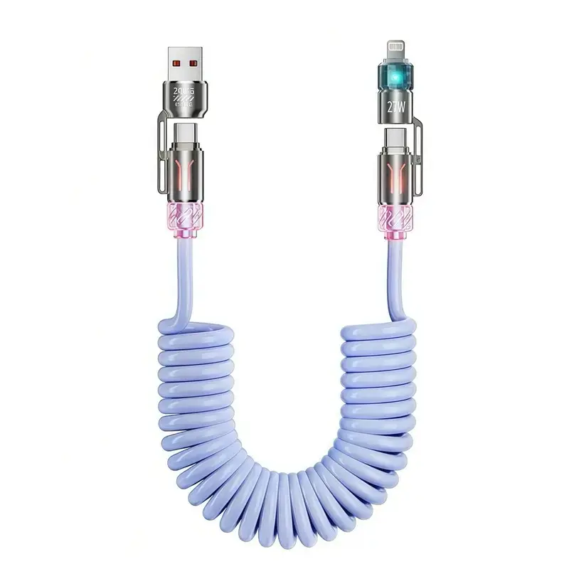240w 4in1 Retractable Coiled Charging Cable, 2m Fast Charging Spring Cord, RGB Ambient Light, Fresh Scent, Universal USB C to Lightning