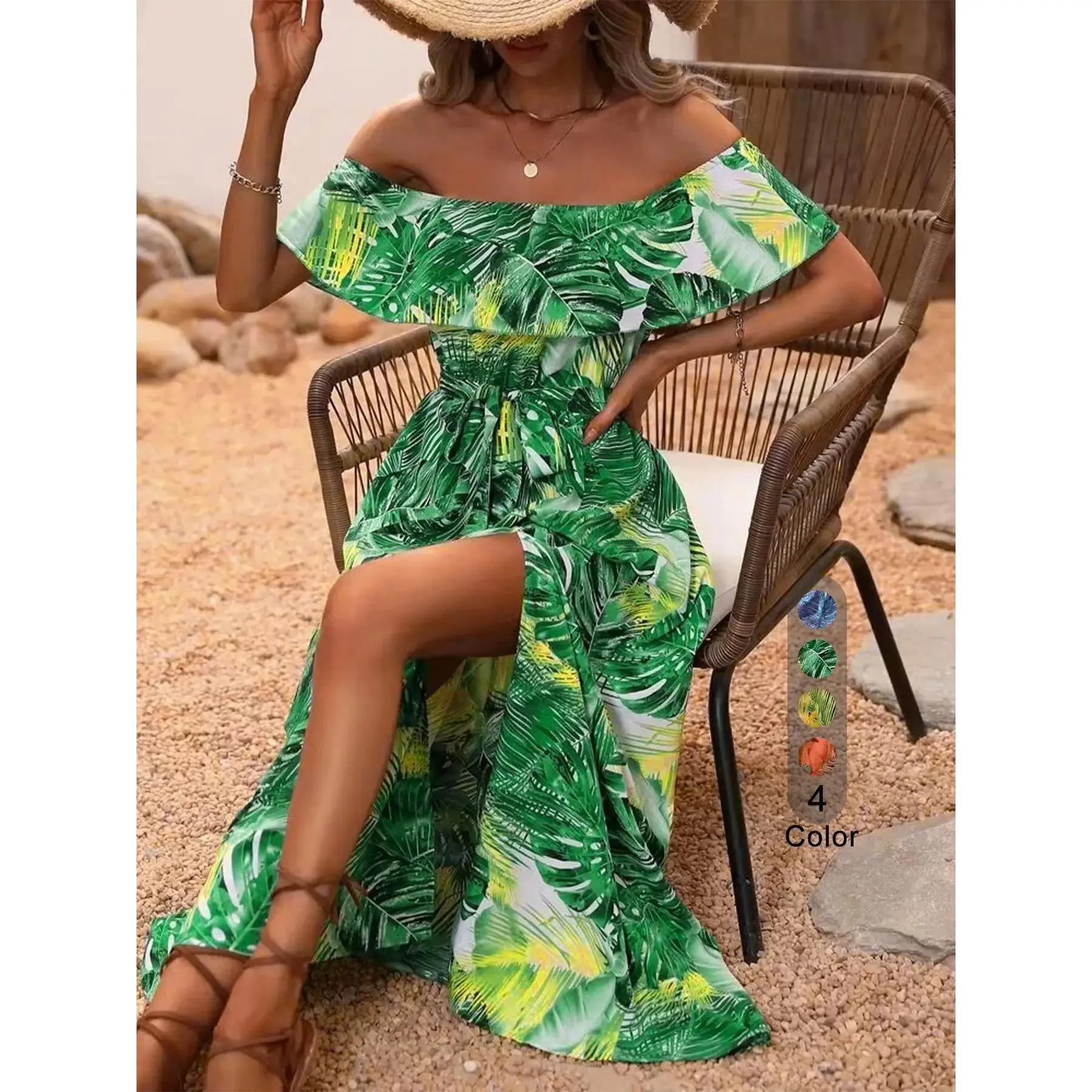 Women's Plants Leaf Print Slim Dress, Casual Off Shoulder Dress for Summer, Ladies Clothes for Beach Holiday, Womenswear, Sundresses
