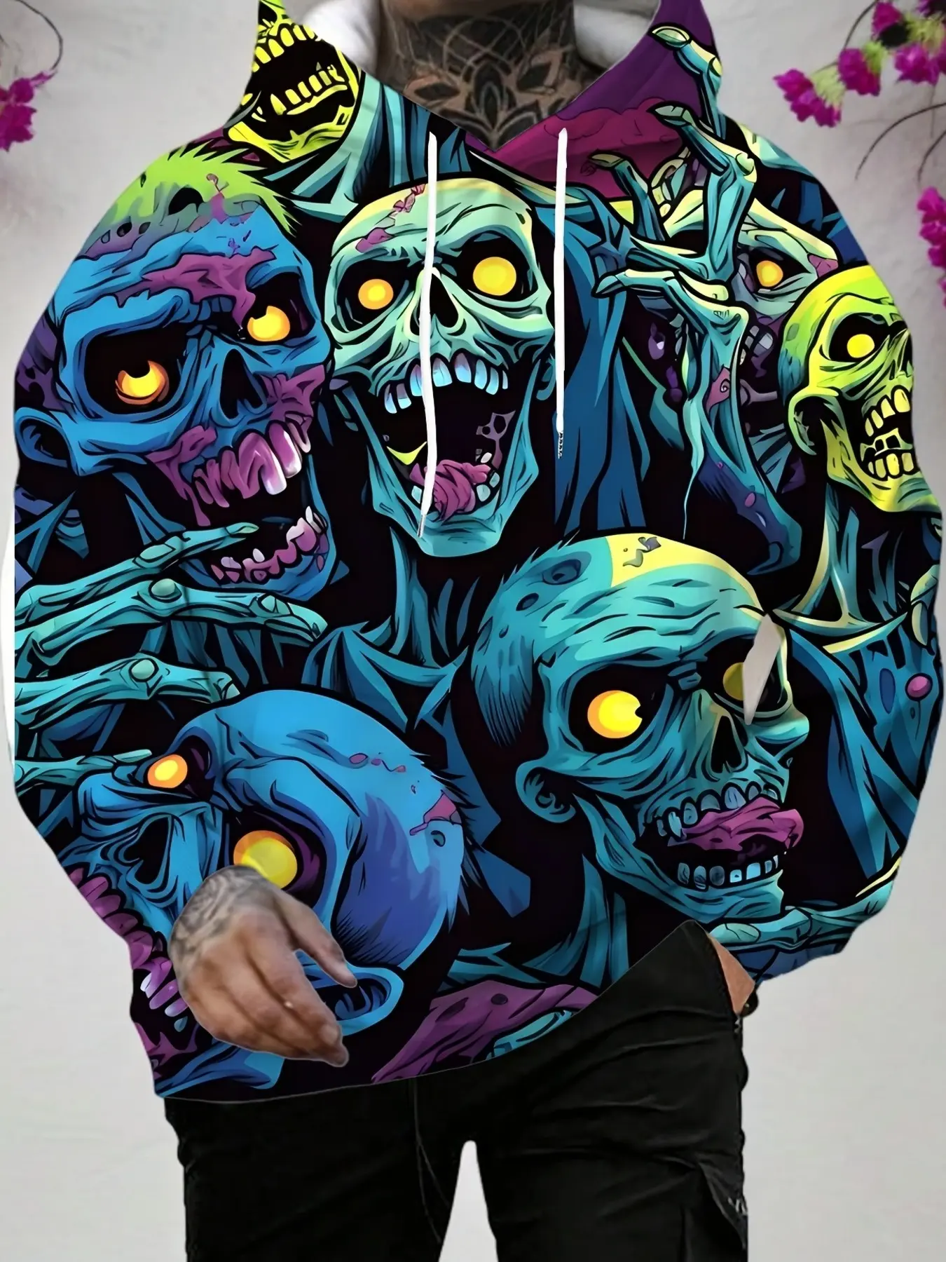 Men's casual sportswear fashion trend fitness outdoor home hooded sweatshirt, t-shirt, punk dark horror skull Y2K style 3D print, regular fit, elastic, with drawstring pocket, knitted fabric, versatile style, spring-autumn-winter men's hooded sweatshirt