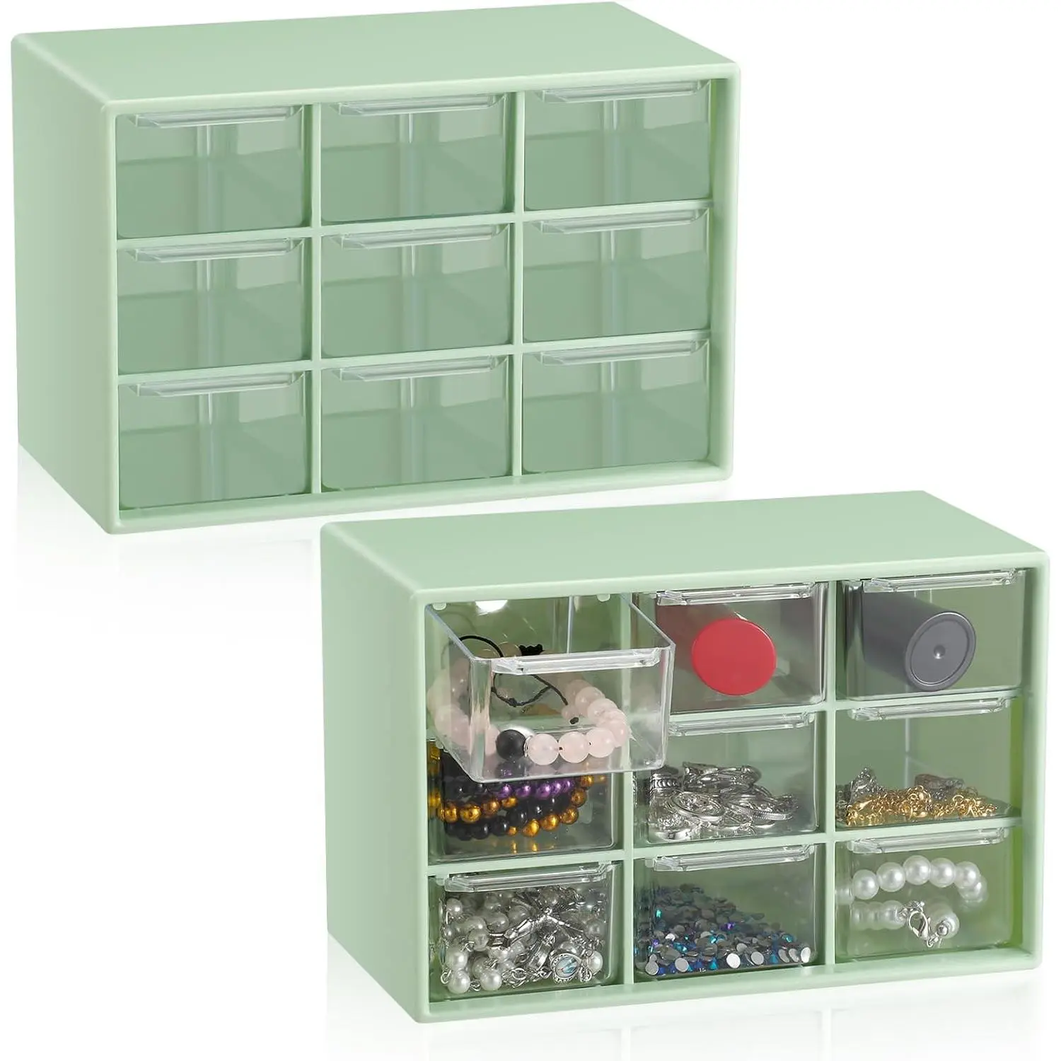 2 Pcs Mini Storage Drawers Teacher Toolbox Organizer with 9 Clear Drawers Small Plastic Desktop Craft Organizer for Classroom Office Green 7" x 3.9" x 4.7"