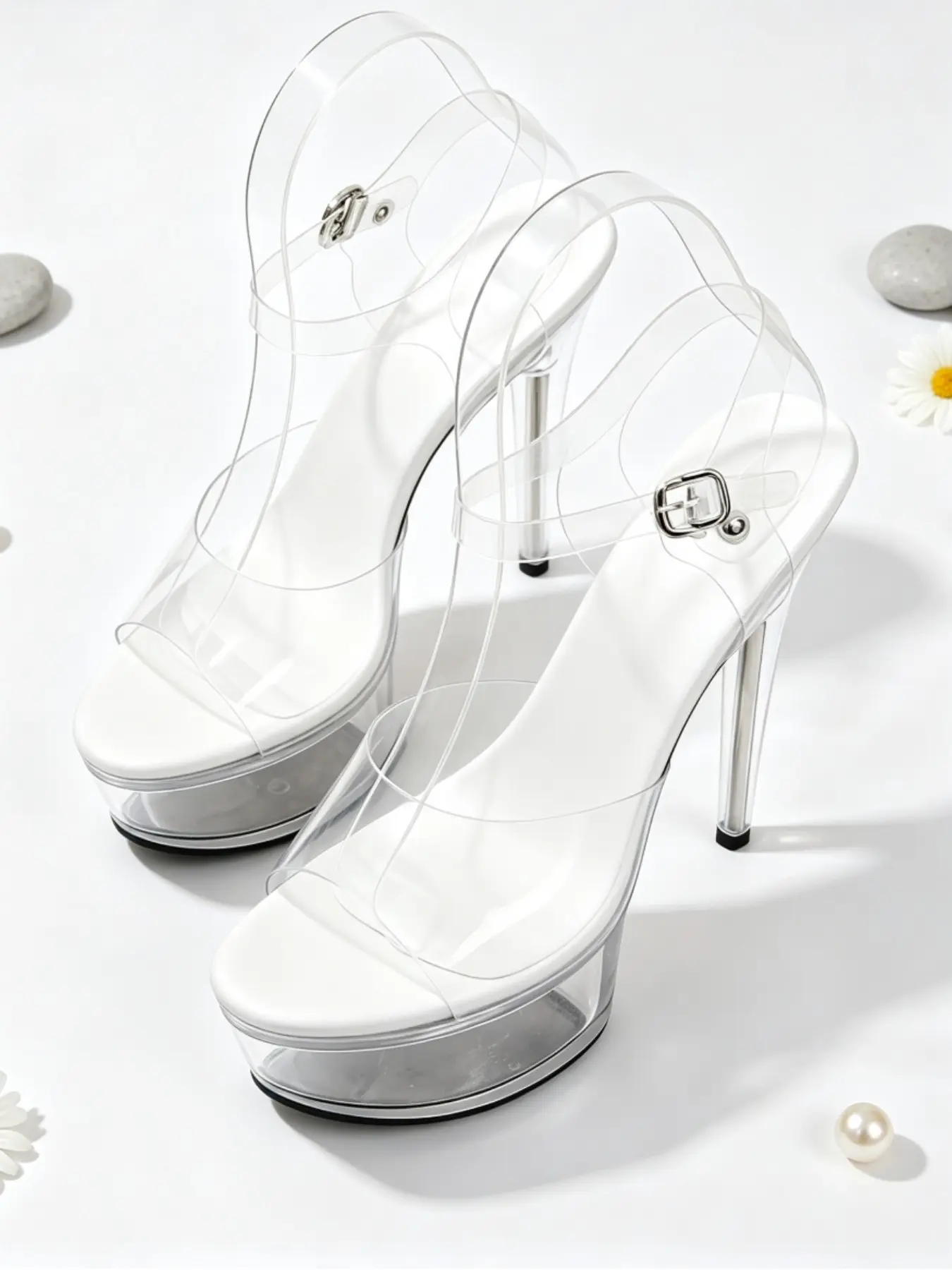 Fish Mouth Waterproof Platform Sandals, Clear Crystal High Heel Open Toe Women's Shoes, Stage Walk Show Photo Wedding Party Fashion