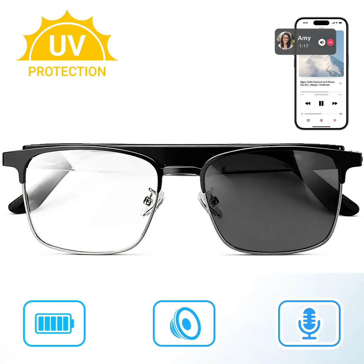 Smart Glasses, Bluetooth Audio Photochromic Sunglasses with Hands-Free Calls & Voice Assistant, Magnetic Fast Charging Wearable Glasses for Men Women, UV Protection Lenses,  for Driving Commuting Sports Outdoor