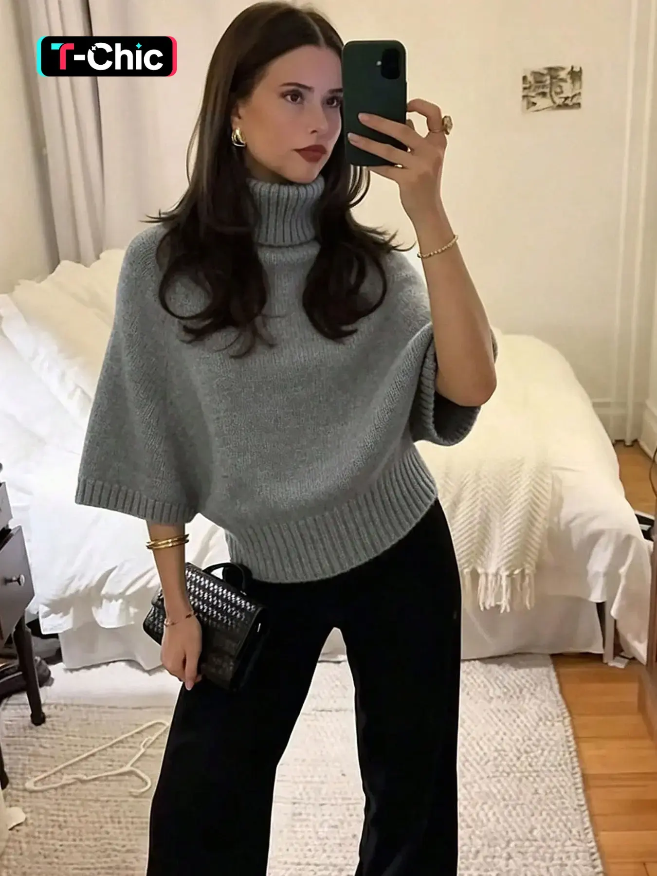 Women's High Neck Plain Batwing Sleeve Knit Sweater, Casual Loose-Fitting Fall & Winter Top, Elegant Commute Wear, Versatile Pullover, Knitwear