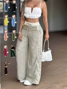Women's High-Waisted Wide-Leg Pants, Loose Fit Drop Waist Design, Striped Pattern, Spring & Fall Season, Casual Daily Wear, Button