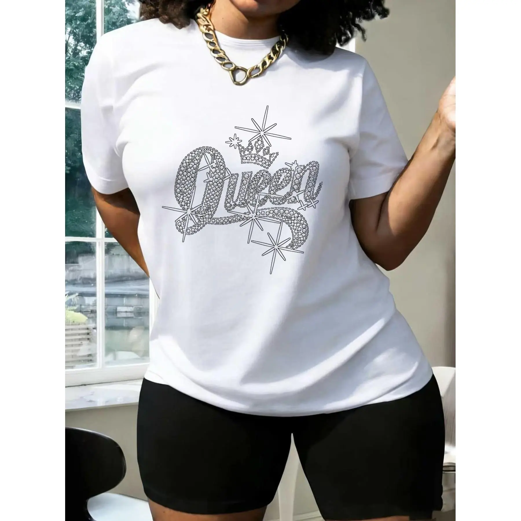 Men's Vintage Queen Crown Graphic T-Shirt - 100% Cotton Fabric, Unisex, Shortleeve Round Neck, Sparkly Rhinestones, Casual Fit