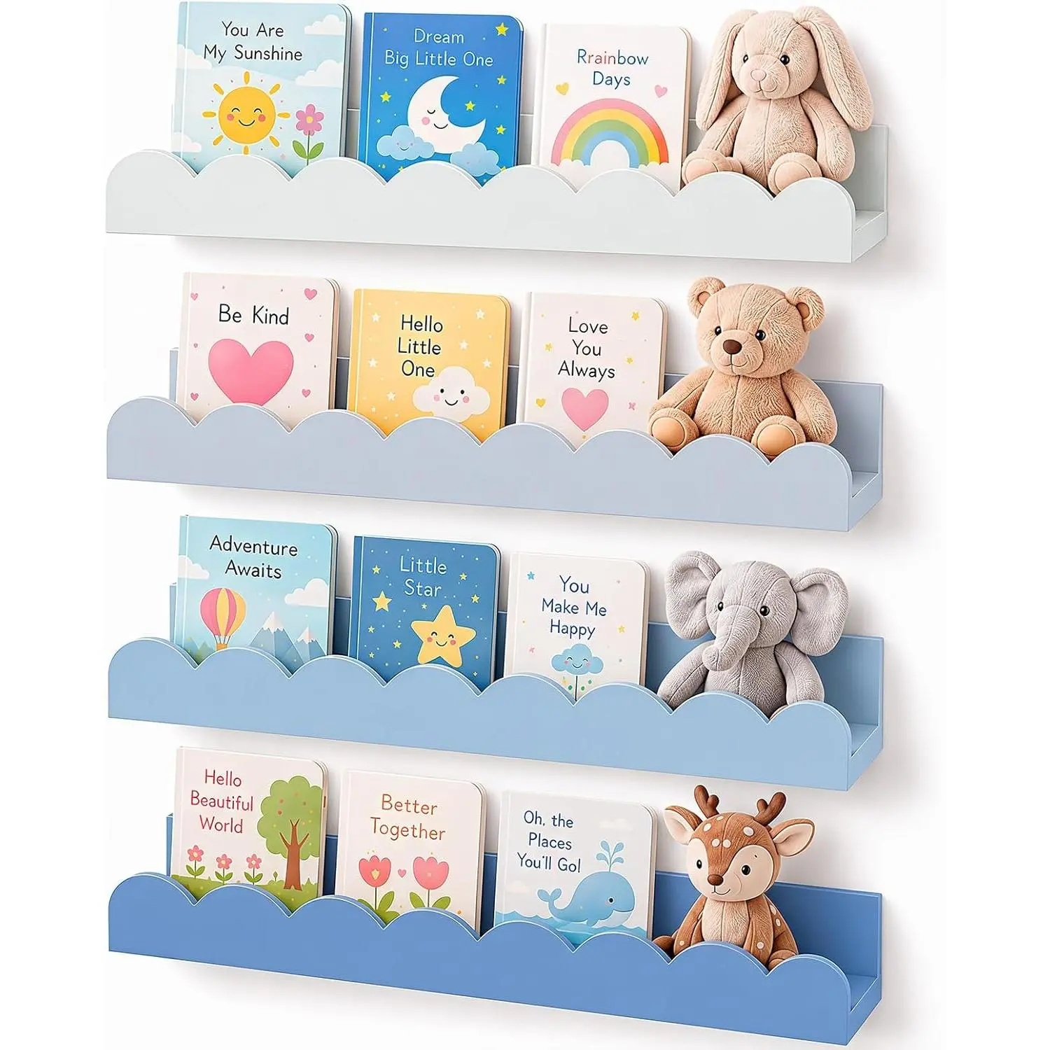 4 Pcs Blue Scalloped Nursery Book Shelves, 15.75 Inch Wood Floating Wall Shelves for Bedroom, Cute Room Shelf for Picture Ledge Stuffed Animal Home Decor Kitchen Spice