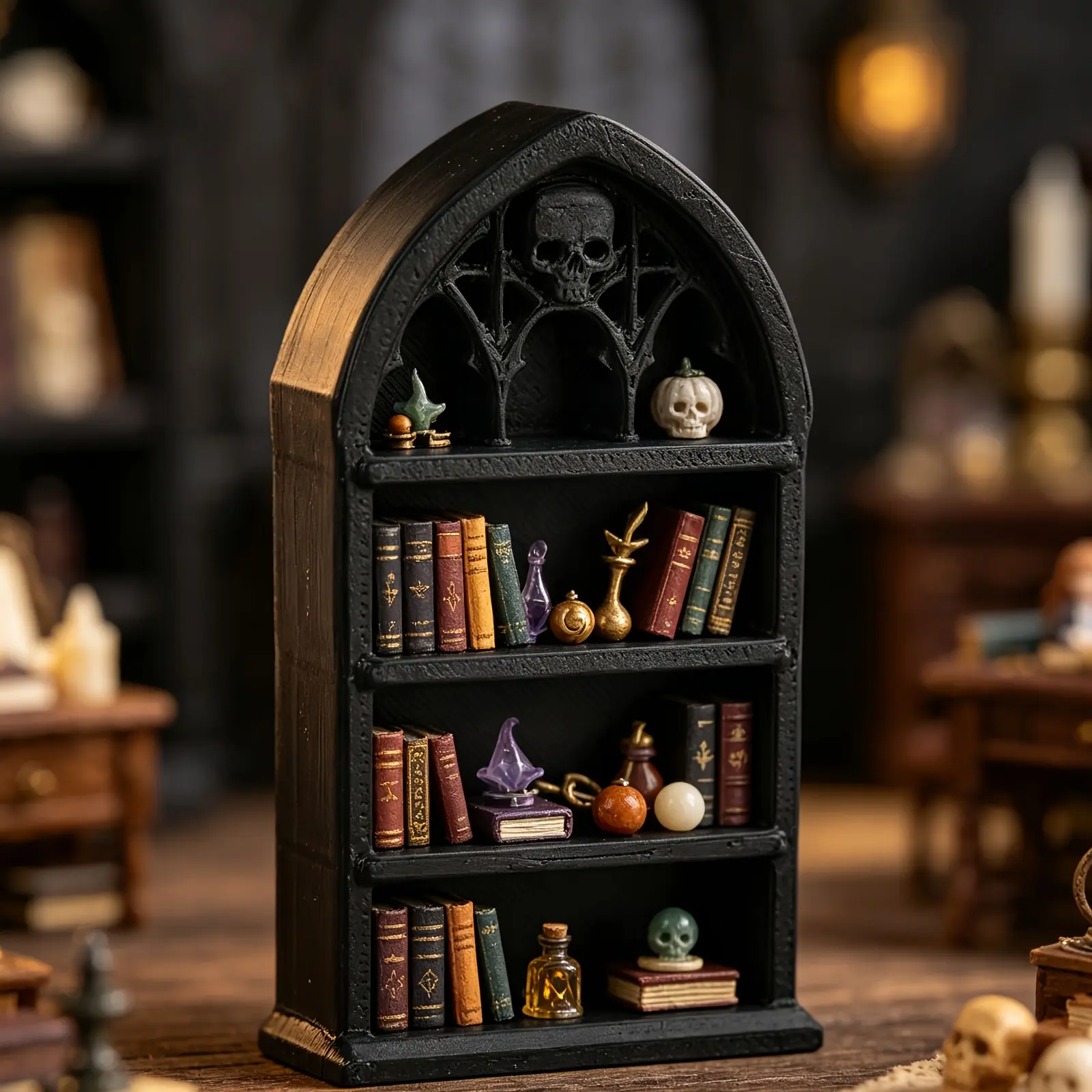 2 Pieces of Dark Gothic Mini Bookshelves, Arched Bookshelf, Bookshelf Storage, Retro Church Arch Shaped Skull Carvings, The 3-layer Design Can Store Mini Ornaments and Jewelry, Serving As Both A Practical Storage Rack and A Dark Home Decoration Ornament