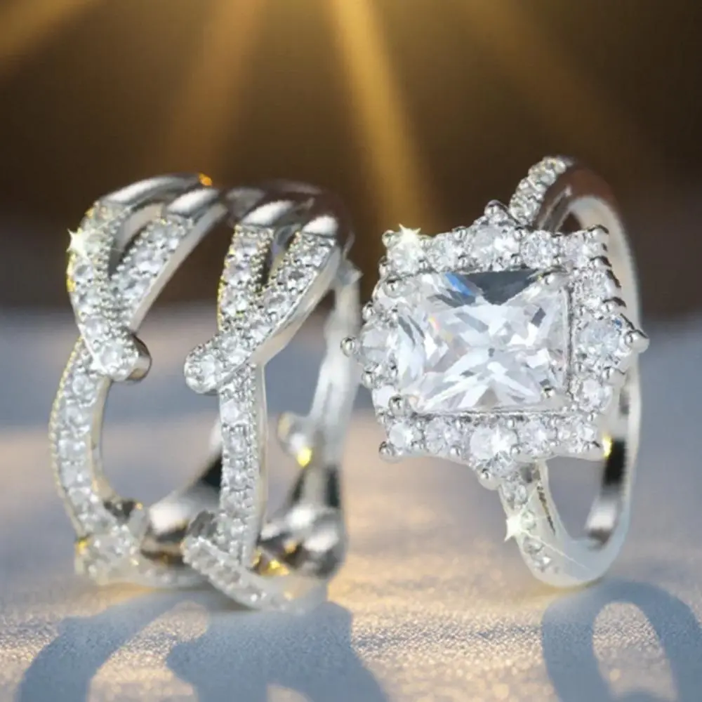 2-Piece Princess-Style Shiny Multi-Layer Square Couple Rings Synthetic  Stackable Rings Bride Engagement Promise Wedding Anniversary Birthstone Rings Valentine's Day Christmas Gifts High-Quality Jewelry for Women