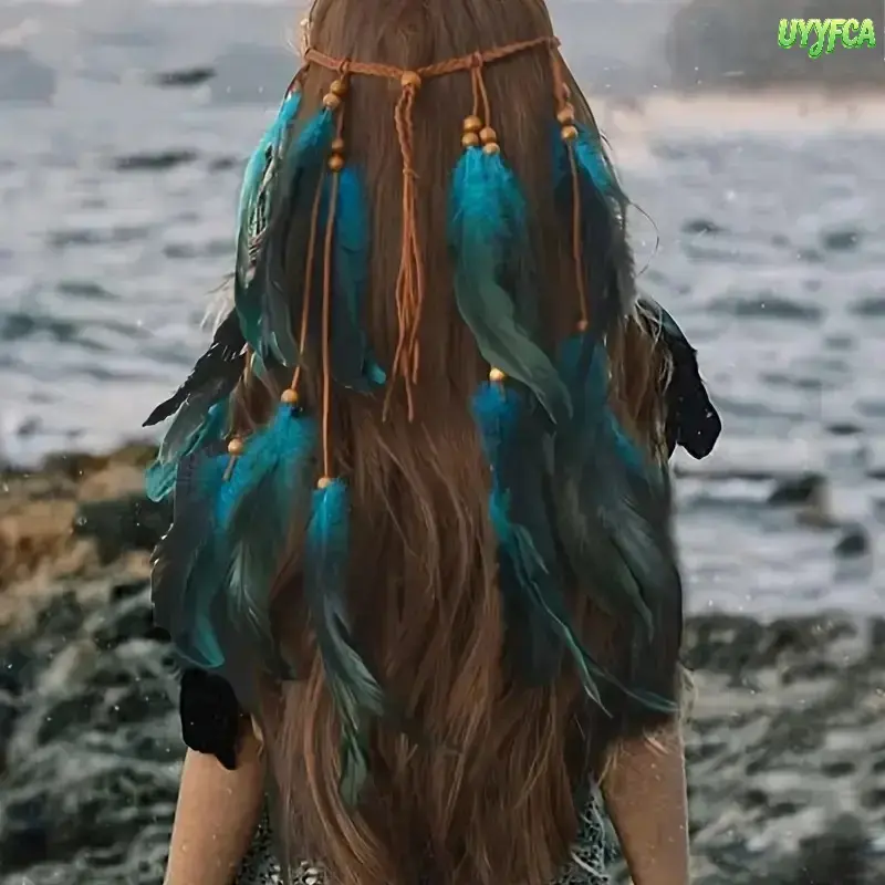 Boho Feather Headband for Women, Handmade Hippie Accessory with Braids & Wood Beads, Lightweight Tie-Back Fringe for Festivals & Parties, Any Occasion, Long Fringe, Braided, Female, Beach Parties, Birthdays, Braids Hairstyles, Elegant