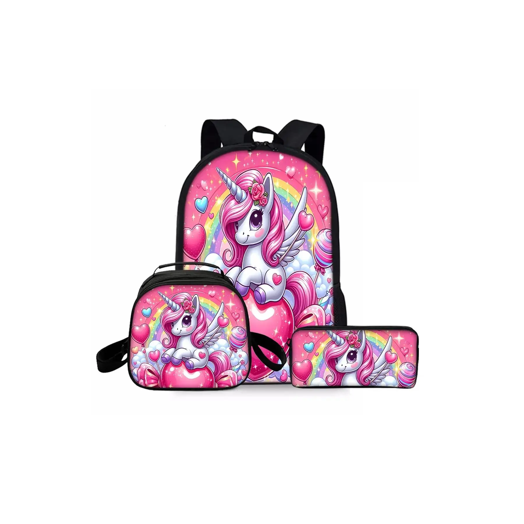 Unicorn pattern printed 17-inch backpack three-piece set (single-layer backpack + round lunch bag with shoulder strap + single-layer pencil case) Cute Versatile Backpack Backpack for School