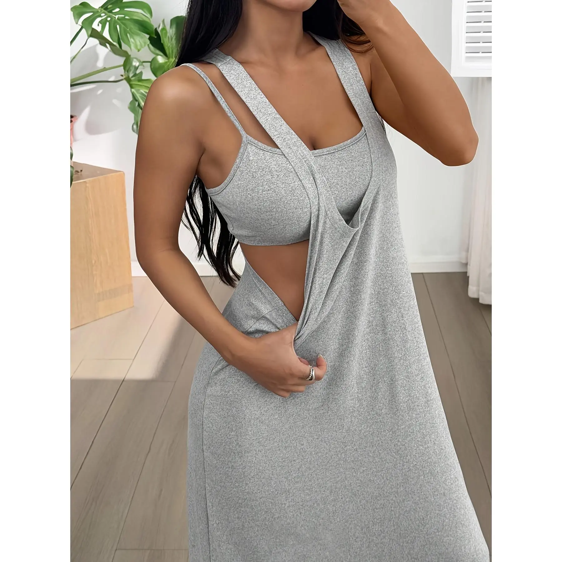 Women's Twopiece Cutout Maxi Dress Racerback Split Front High Neck Long Flowy Dress Grey Heather Grey Bodycon Casual Summer Dress