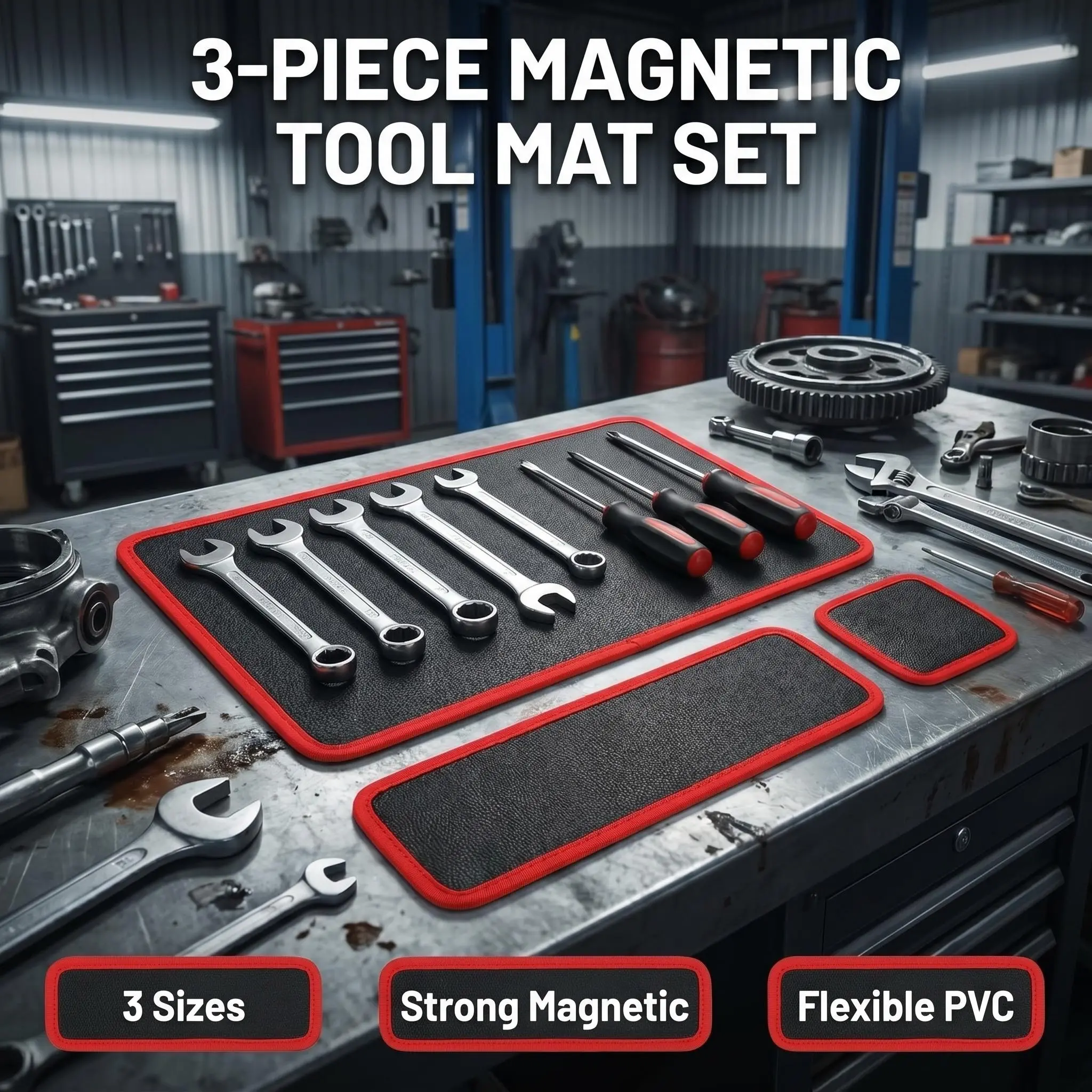 3 Piece Magnetic Tool Mat Set, Versatile Sizes Non-Slip Flexible PVC Magnet Tool Pads, Organizer for Garage, Workshop, Auto Repair Tools