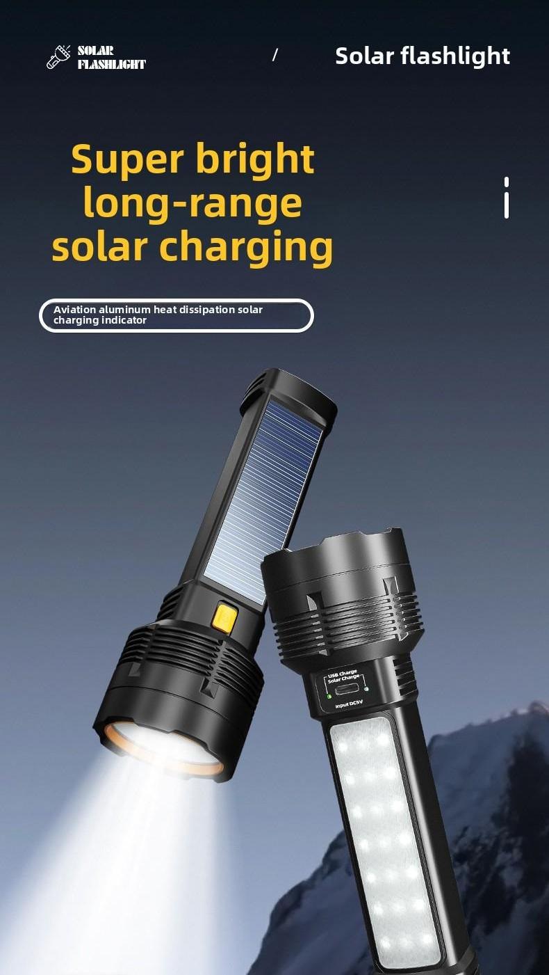 Solar Powered Flashlight, High Brightness Long Range Rechargeable Portable Torch, Concentrated Light for Camping Hiking Emergency