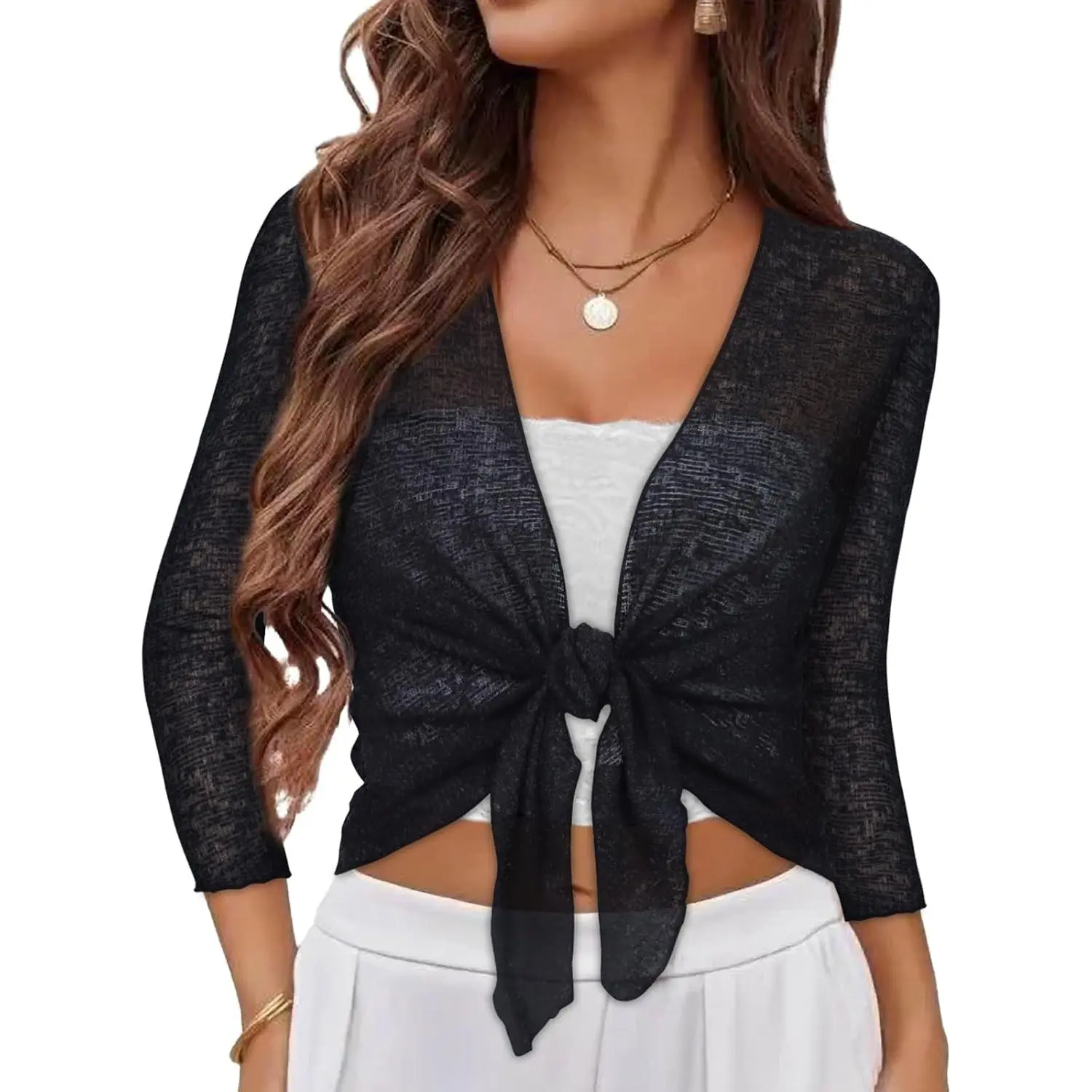 Women's Sheer Mesh Bolero Shrug, Cropped Tie Front Cardigan with 3/4 Sleeves, Chic Lightweight Cover Up for Evening Dresses or Cute Beachwear, Beach, Swimsuit, Tank Top, Slip, Shrugs, Casual, Work, All Seasons, Evening Wear Dresses, Short Length, Consult,
