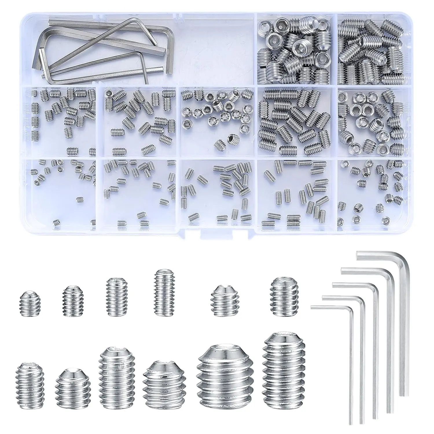 240-Piece Cup Point Set Screw Assortment Kit, 304 Stainless Steel, Corrosion Resistant Metric Screws in Assorted Sizes (M3-M8) with Hexagonal Key for Fixtures & Doors, Screws + Keys