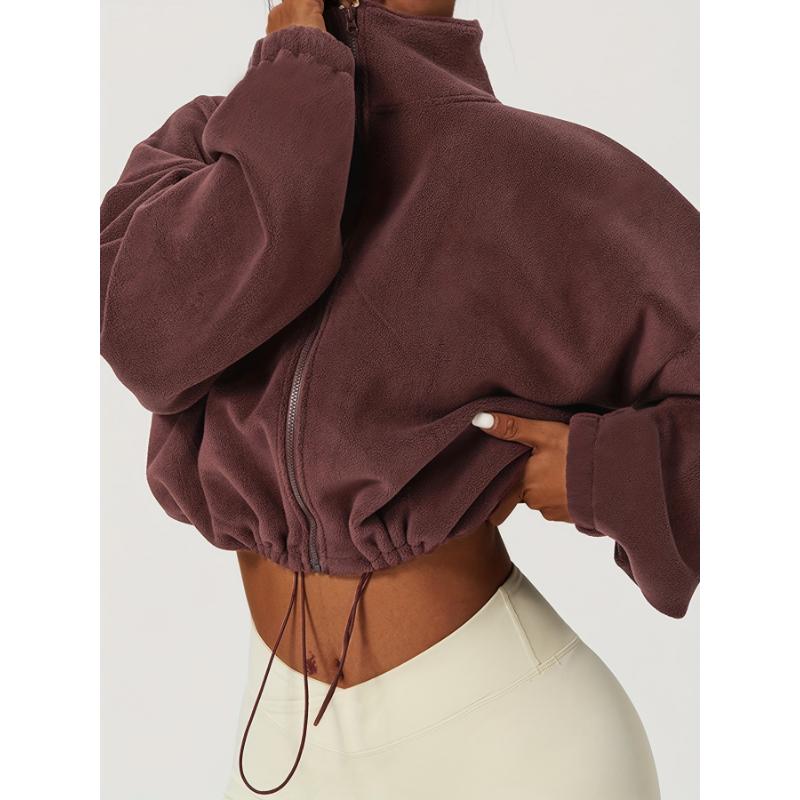 Women's Warm Fleece Crop Jacket With Zipper And Drawstring - Perfect For Casual Sports And Outdoor Activities