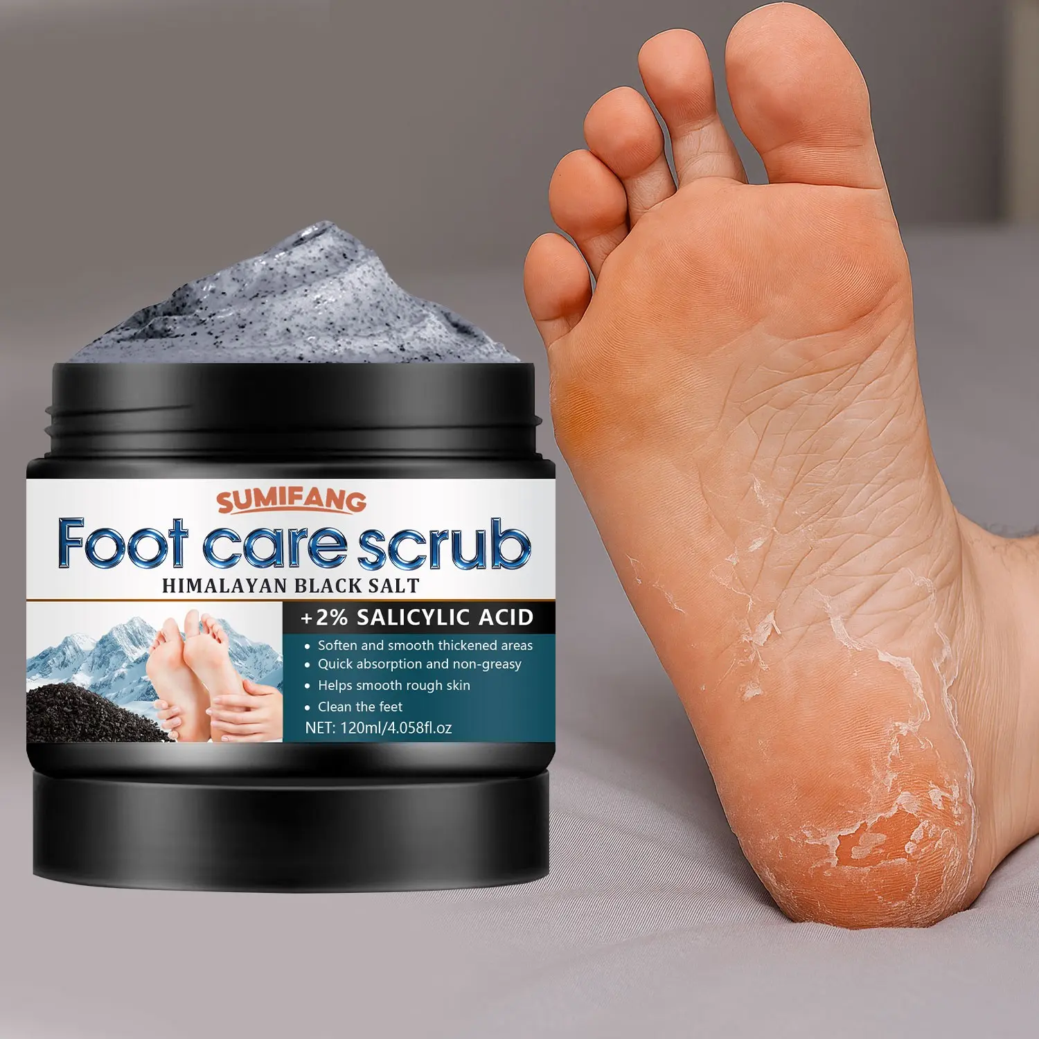 120ML Himalayan Salt Foot Scrub, Exfoliating Foot, Contains 2% Salicylic Acid, Softens Rough Skin, Cleansing, Exfoliates and Moisturizes Dry Heels, Smooths Thickened Skin, Dead Skin Removal For Feet, Dead Skin Remover For Feet, Moisturizing