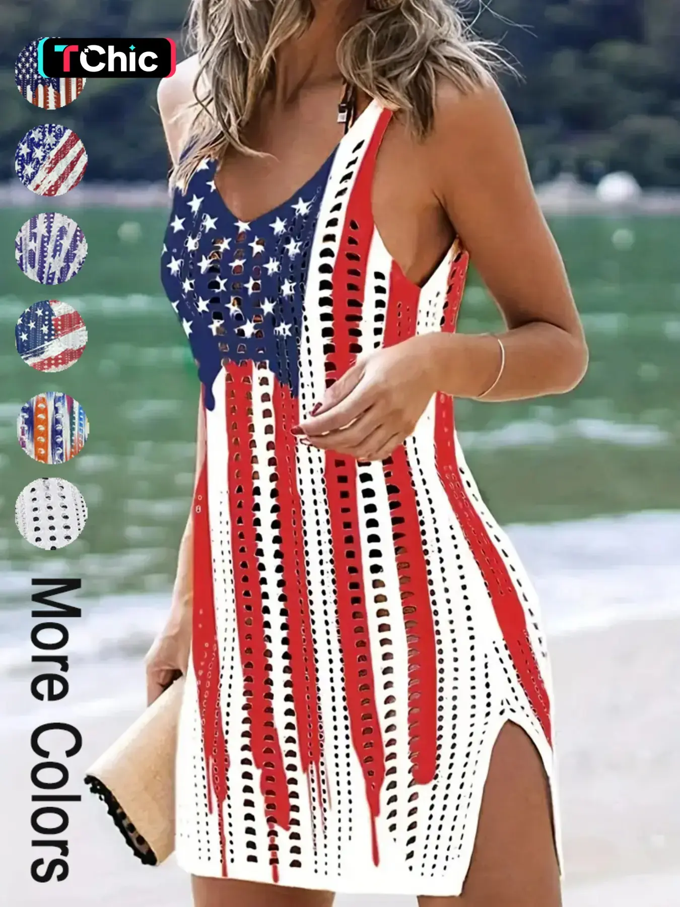 Women's American Flag Pattern Hollow Out Split Thigh Tank Dress, Star & Striped Print Scoop Neck A Line Dress for Summer, Fashion Chic Women's Dress for Beach Holiday