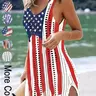Women's American Flag Pattern Hollow Out Split Thigh Tank Dress, Star & Striped Print Scoop Neck A Line Dress for Summer, Fashion Chic Women's Dress for Beach Holiday, Sleeveless Cutout Dress