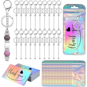 42/84/126 Pcs Beadable Keychain Bars Bulk Blank DIY Beaded Keychain Making Supplies with Bag Thank You Card