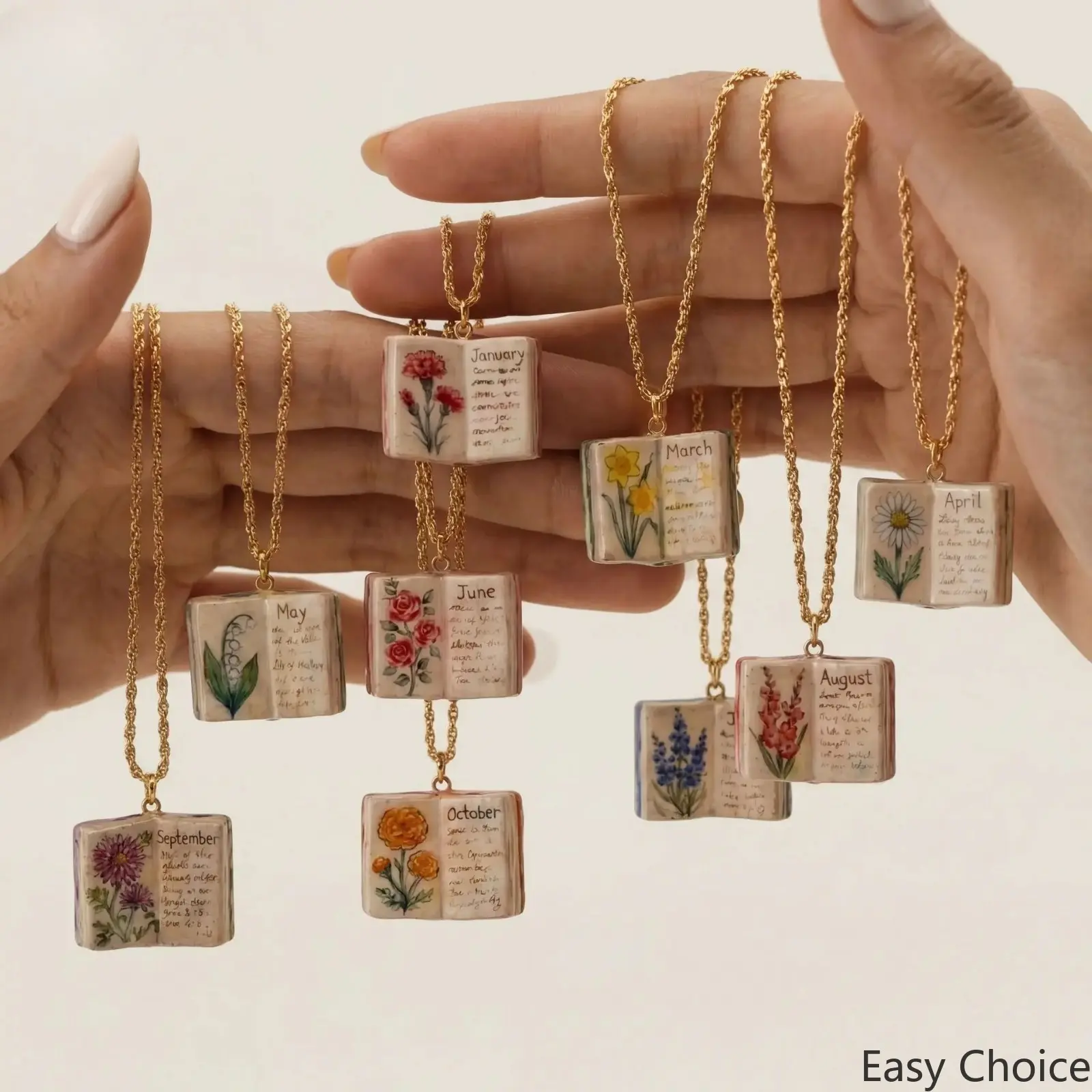 Vintage Birth Month Flower Book Necklace, Copper Gold Plated Dainty Openable Enamel Pendant, 12 Months Floral Book Charm Jewelry For Women