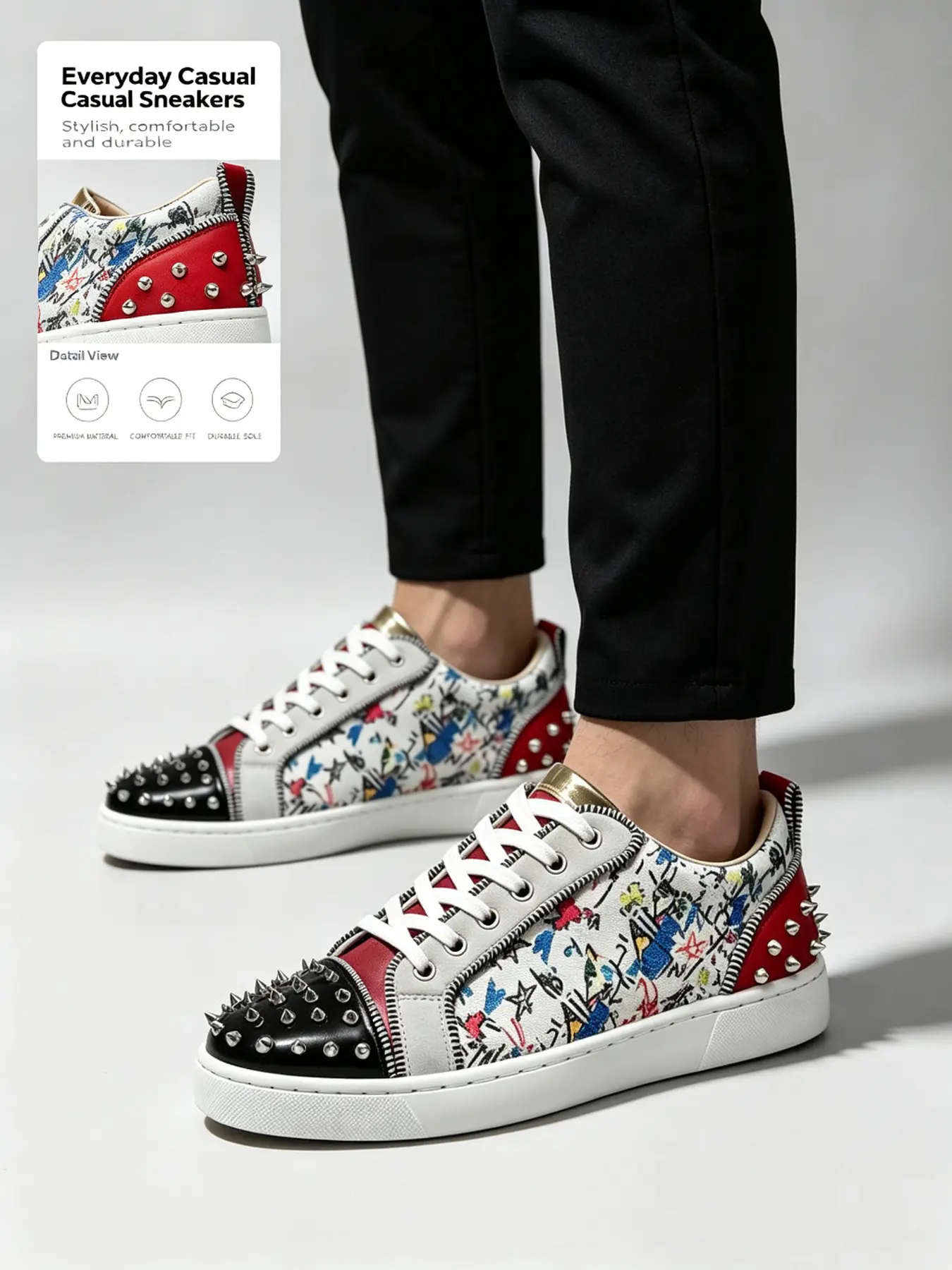 1 Pair Men Studded Low Top Sneakers, Casual Punk Street Style, Graffiti Glitter Upper Metal Spike Decor Non Slip Flat Sole, For Party Trendy Outfits Daily Wear