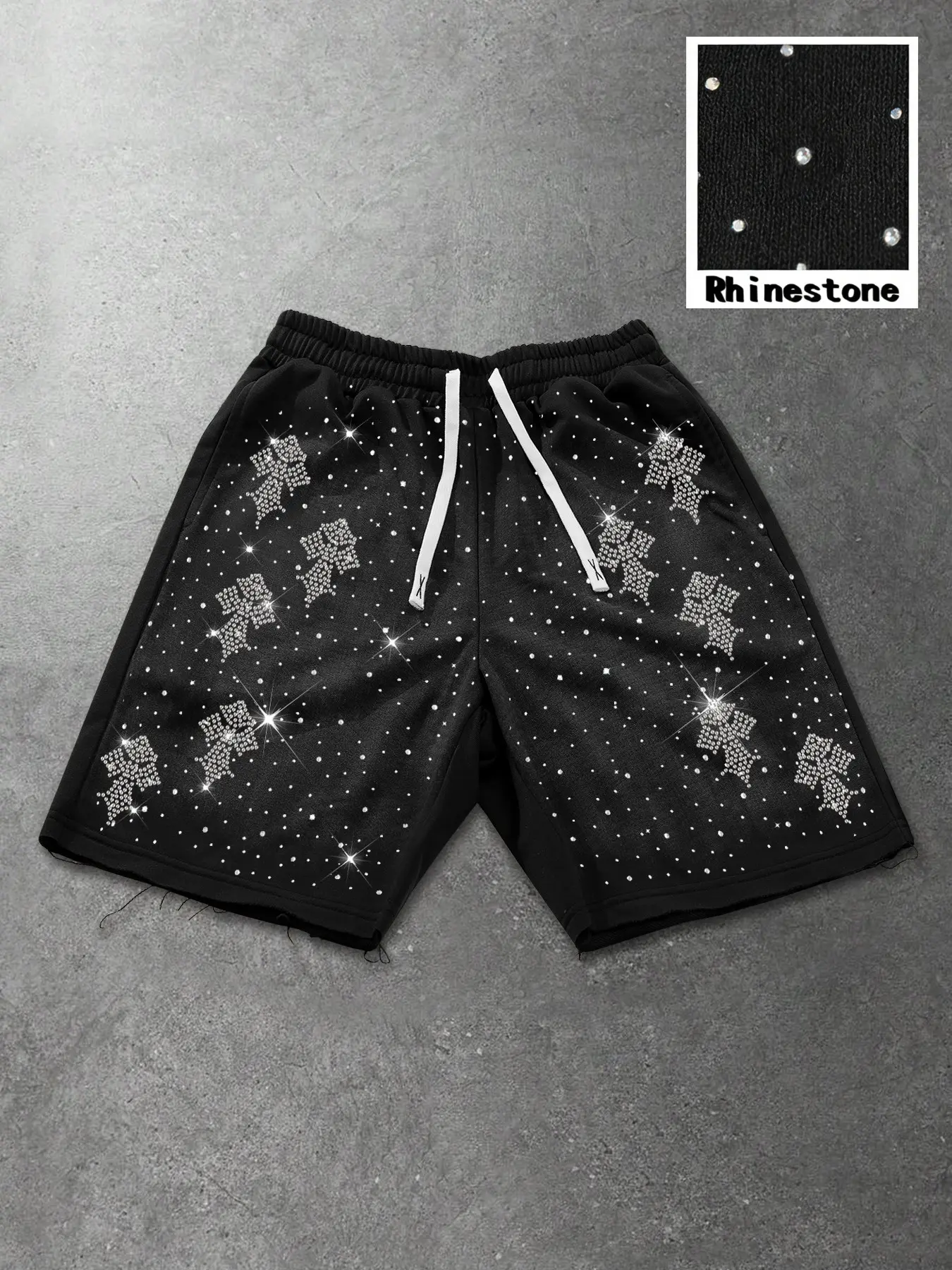 Men's Drawstring Waist Shorts, Rhinestone Cross Pattern, Loose-Fit Street Style, Casual Workout Pants, Punk Hip-Hop Fashion, Print