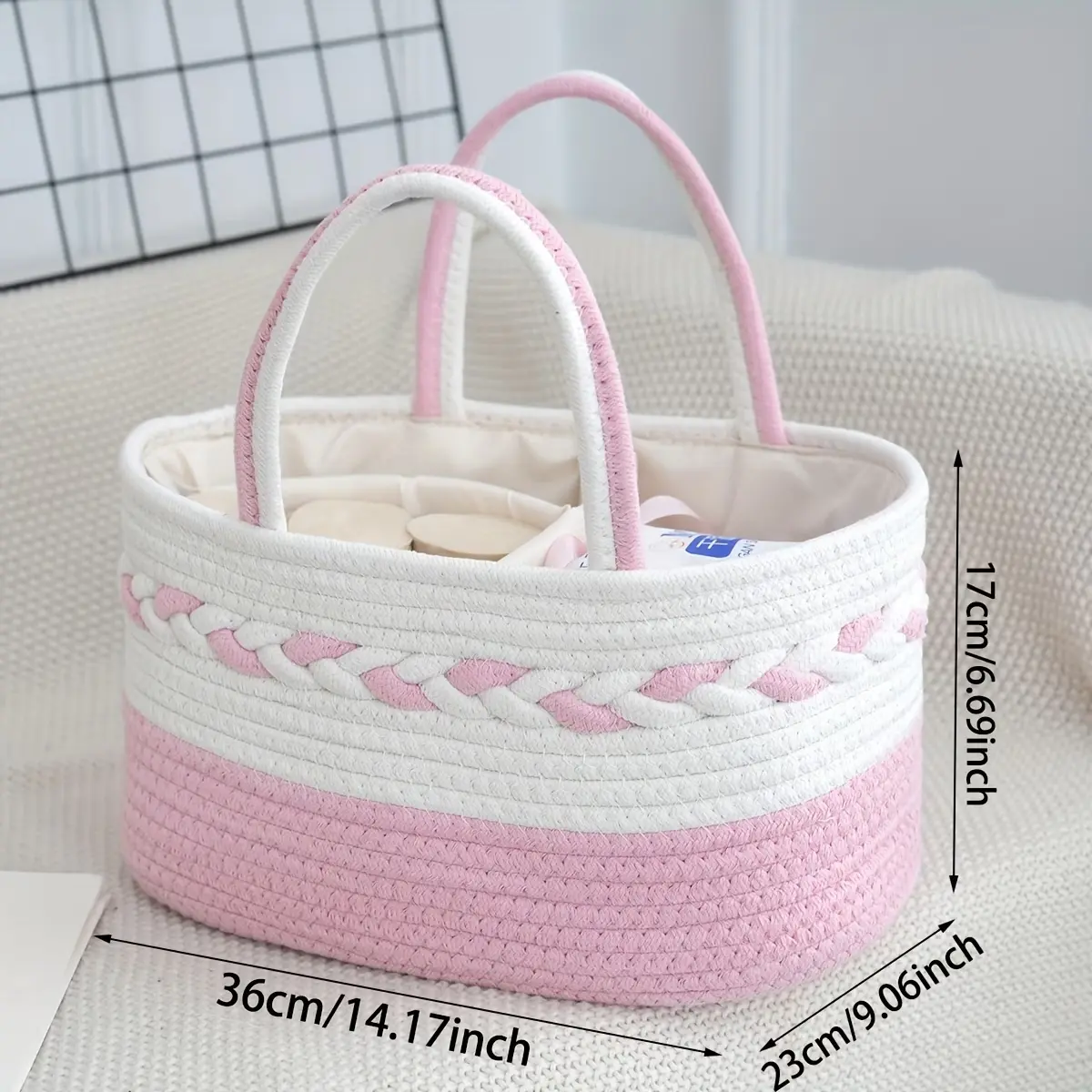 Boho Woven Cotton Carry Basket, Collapsible Household Storage Organiser with Handles and Removable Lining for Nursery, Bathroom, Home Decor Organiser, Organizer, Fold & Store, Divided Storage, Boho Weave, 36 Cm X 23 Cm X 17 Cm