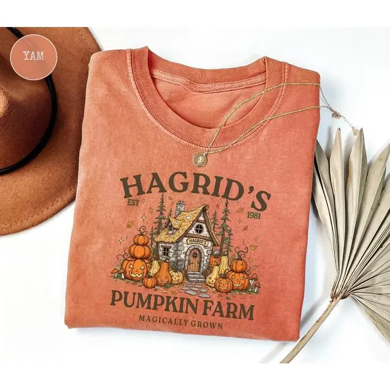 Men's Hagrid's Pumpkin Patch Short-Sleeve Cotton T-Shirt - Breathable Casual Fabric, Wizard Halloween Tee, Fall Pumpkin Farm Graphic, Spooky Season Gift