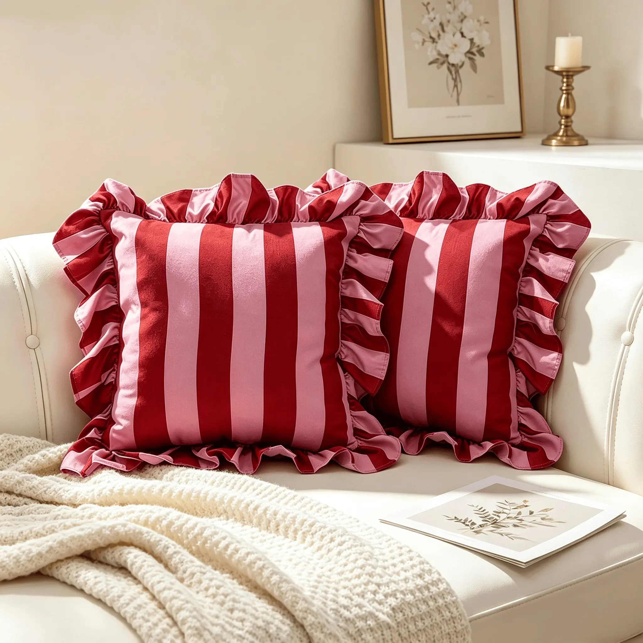 2 Pack 45x45cm French Vintage Pink Striped Throw Pillows, Ruffled Edge Decorative Cushions, Sofa Cushion Decorations, Decor Pillows for Sofa Couch Bed Home Decor, Multiple Colors Available