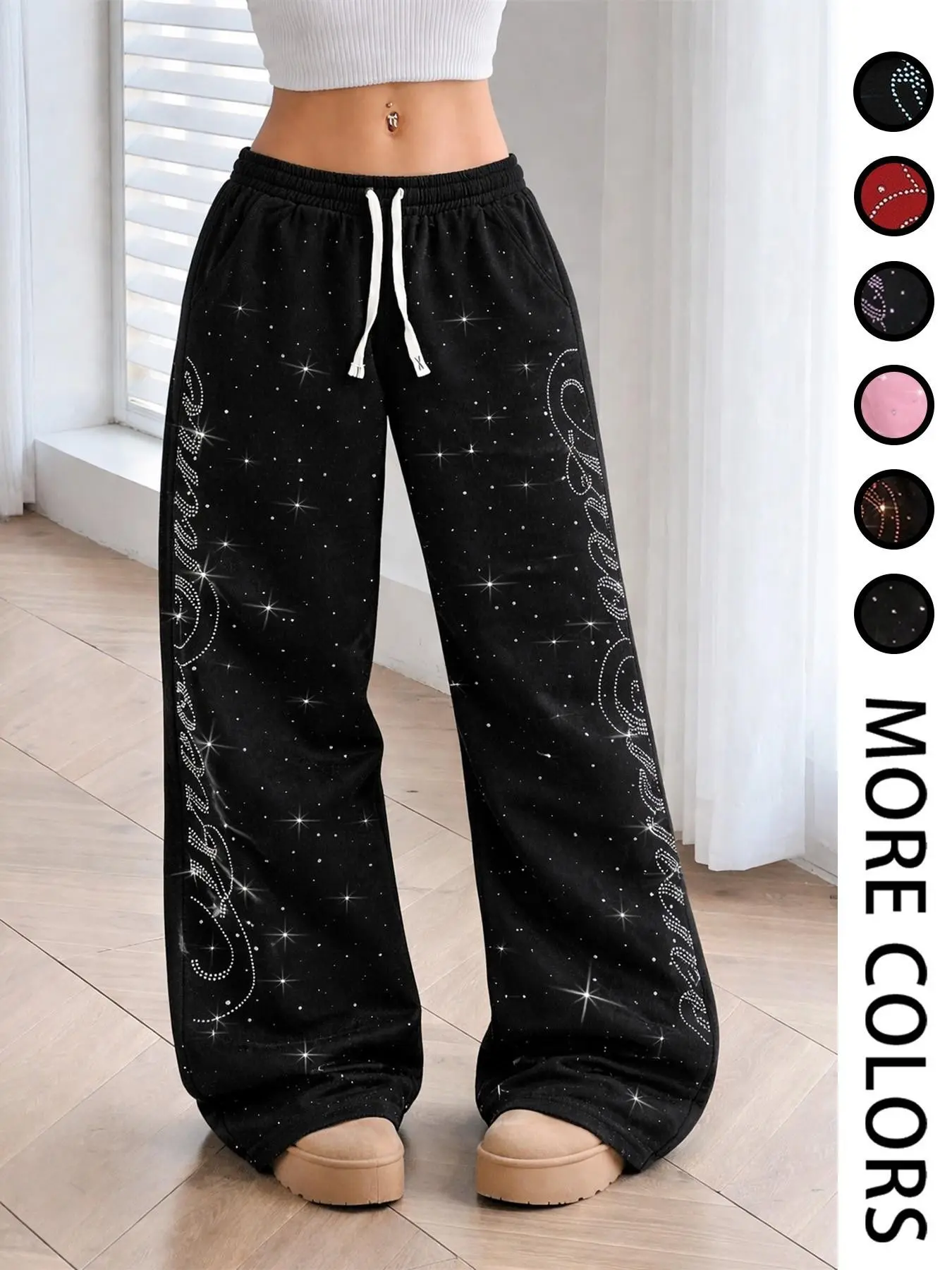 Women's Casual Loose Straight Leg Pants, Drawstring Adjustable, Star Letter Embellished with Rhinestones, Fashionable, Chic and Shiny, Bottoms