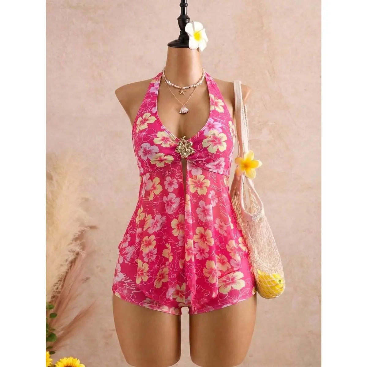 Women's Tankini Set, Elegant Floral Print 2-Piece Bathing Suit with Halter Twist Top and Shorts, High Stretch Swimsuit, Two Piece Set, Tankini Suit