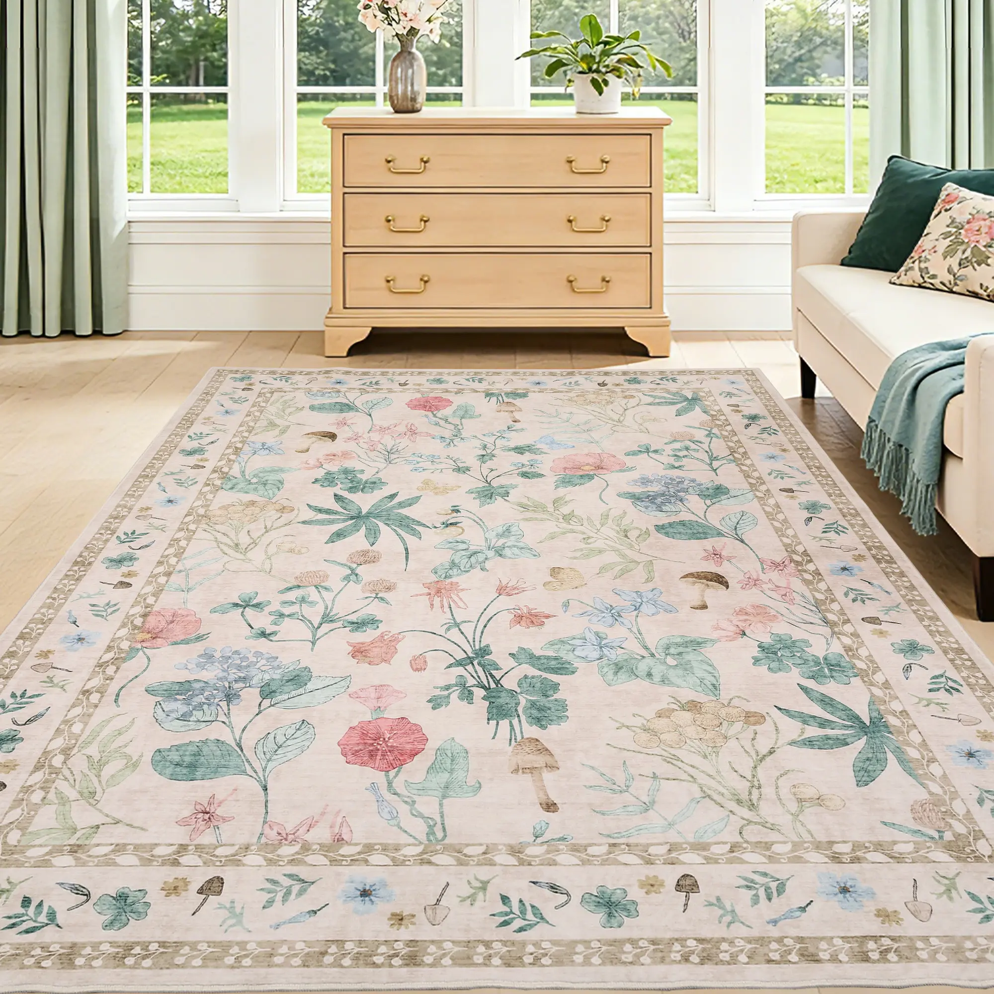 Washable Floral Area Rug for Living Room, Bedroom & Dining Room – Non-Slip, Low Pile, mark Resistant Floor Rug – Black – Size: 5x7ft (152x213cm), USA Specs