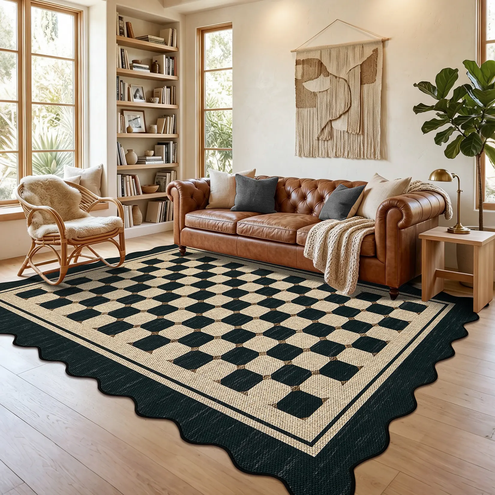 Washable Indoor Outdoor Faux Jute Rug, Fan Border Checkered Non-Slip Foldable Decor Rug for Farmhouse Patio Bedroom Living Room mat playroom, Floor Rugs, Casual Area Rug