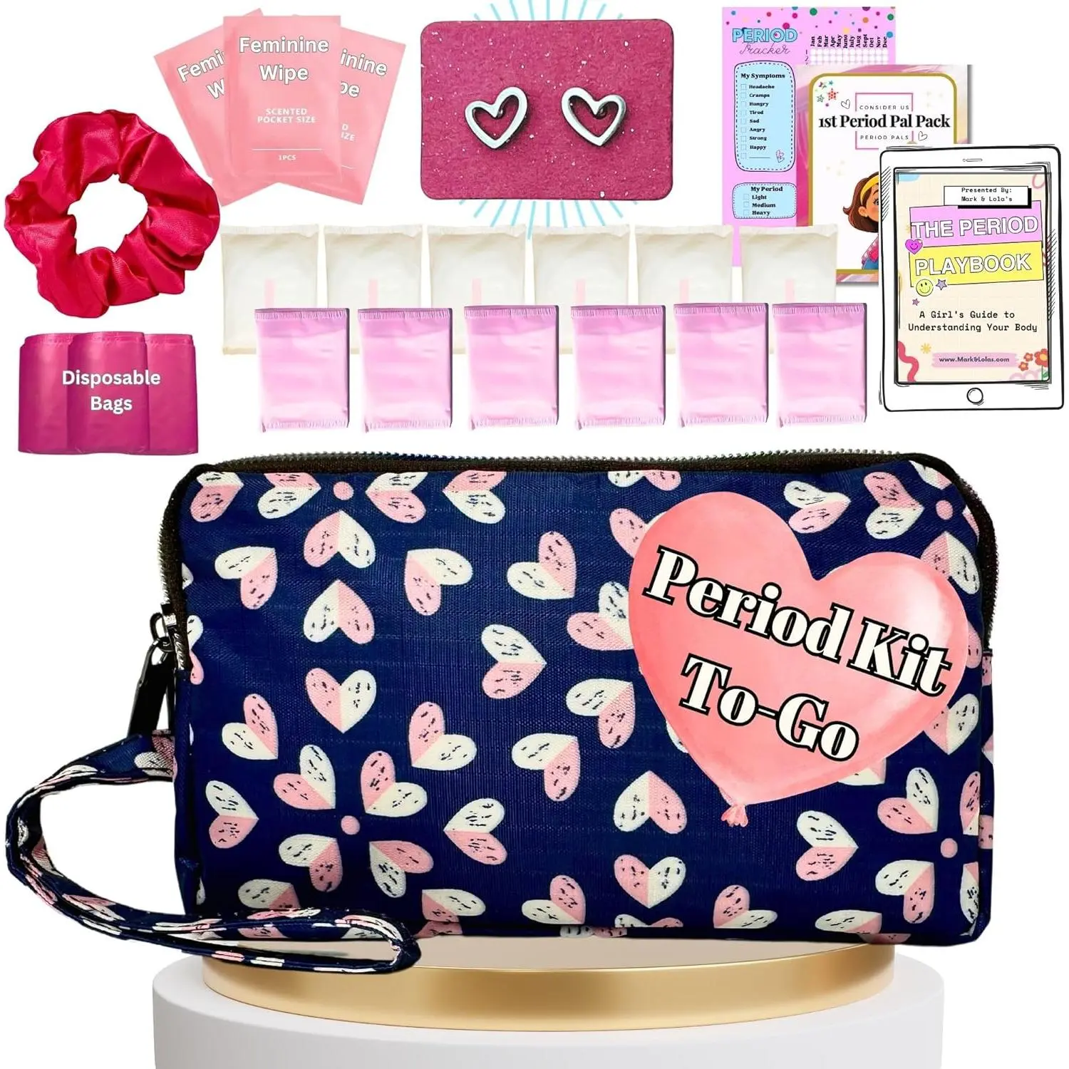 Mark and Lola's First Period Pal Pack to-Go Kit | 24 pcs | First Period Kit for Tweens | Teen Period Kit| Discrete Period Bag, Pads, Panty Liners, Period Kits for Tweens 10-12 (Hearts)