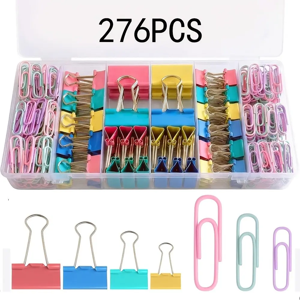 276pcs Colorful Binder Clips and Paper Clips Set - 4 Sizes Binder Clips + 2 Sizes Paper Clips, Macaron Colored Office Clips with Storage Box for Office, School, Home and Daily Use