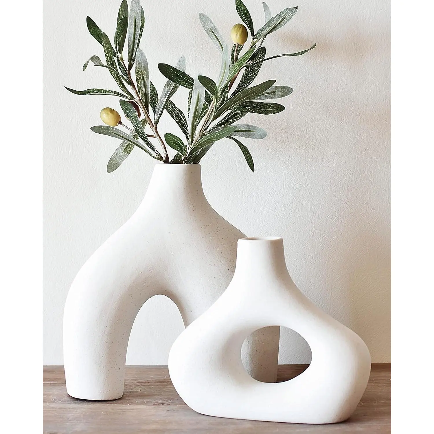 Donut Vase, Set of 2 - White Large Ceramic Vase - Minimalist Nordic, Hollow | Table Centerpiece, Olive Plant, Wedding, Living Room, Bookshelf, Office, Modern Home, Entryway, Console(Gift)
