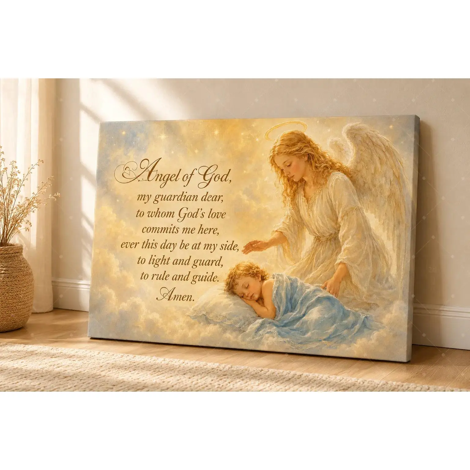 Guardian Angel Sleeping Child Golden Cloud Prayer Poem Canvas Wall Art, Soft Warm Faith Nursery Painting For Kids Bedroom Prayer Room Living Room Farmhouse Apartment Wall Decor, Available as Unframed Canvas Poster or Framed Canvas Wrap