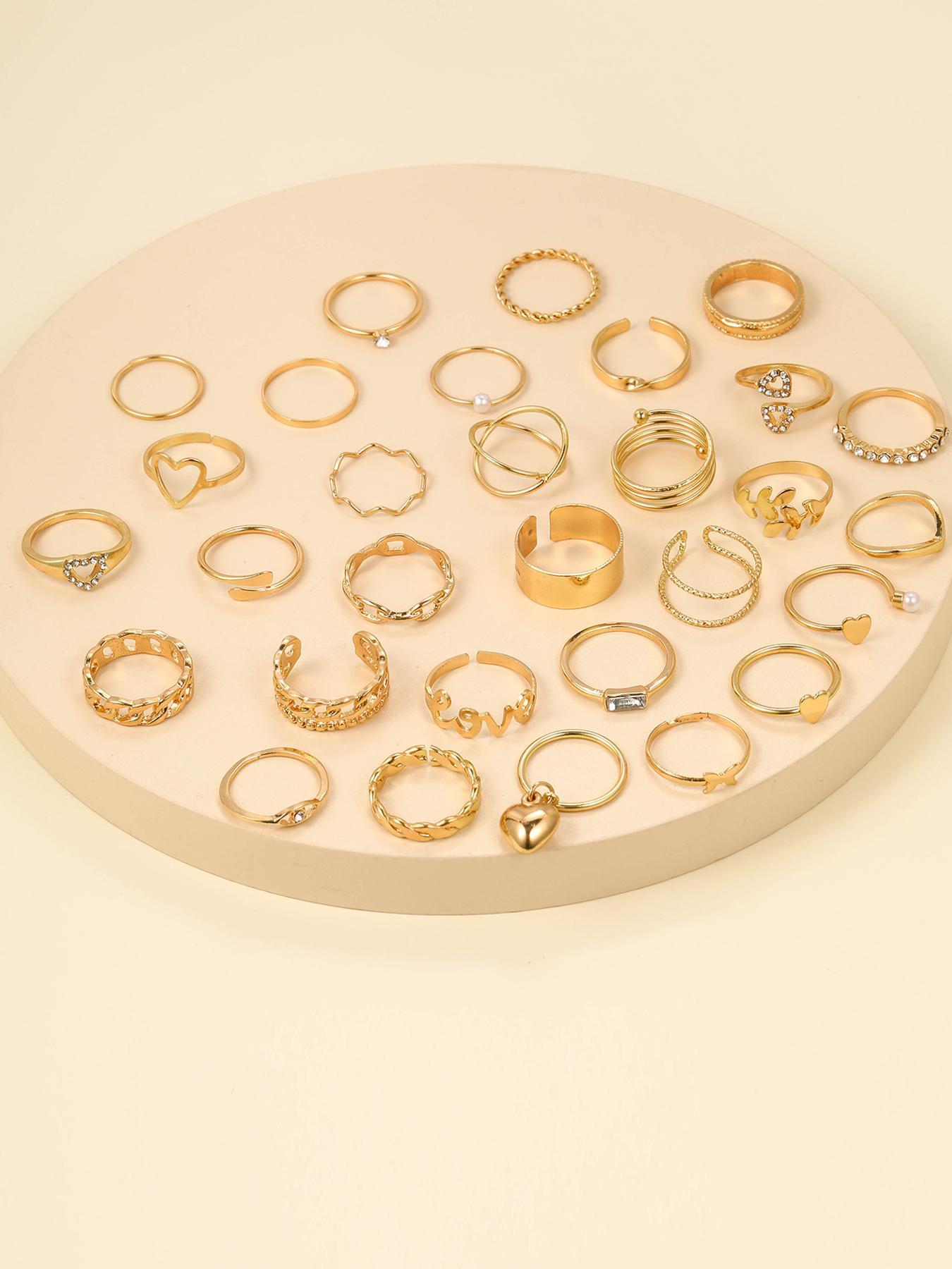 30pcs/set Women's Elegant Rhinestone Decorated Butterfly, Heart & Leaf Design Ring, Cute Rings, Vintage Casual All-match Jewelry for Girls Gift, Simple Classic Fashion Accessories for Daily Wear