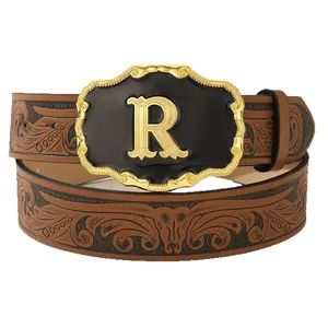 Men Vintage Tooled Leather Belt with Large Letter R Gold Buckle, Western Cowboy Scroll Engraved Waist Belt for Jeans & Flannel Shirts